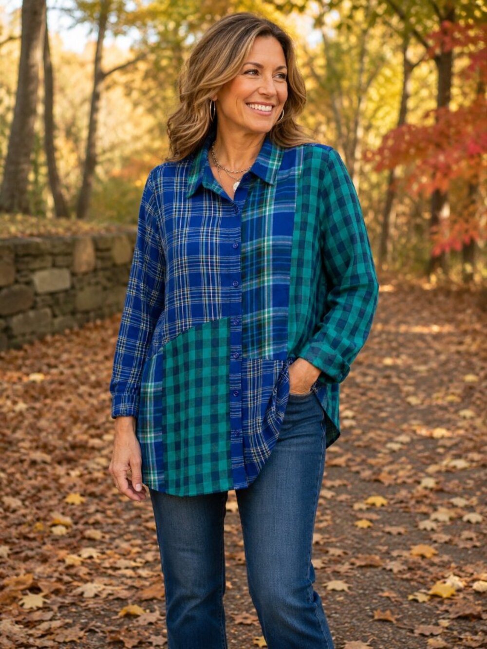 COLDWATER CREEK Lg Slve Collar Button-Up Blue/Green Plaid Blocked Shirt NWT L